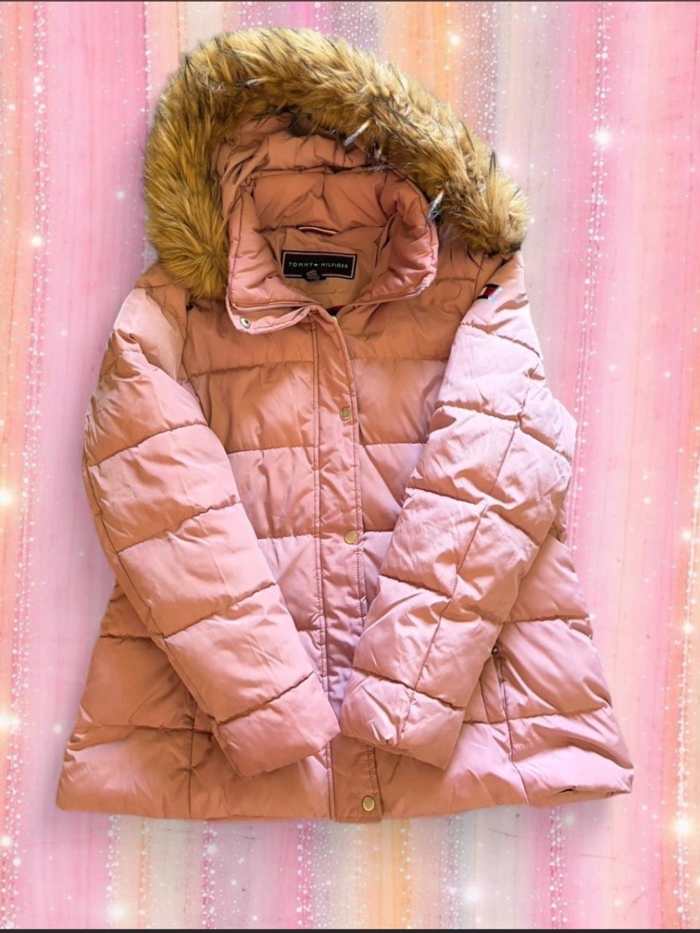 Tommy Hilfiger pink puffer jacket with faux fur hood